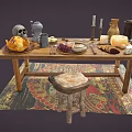 Rustic Wooden Dining Table Set With Stool Rug Fruits Cheese Bread Candlesticks Grinder And Vase