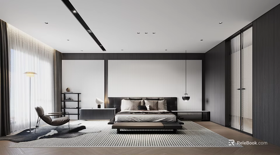 Modern Minimalist Bedroom Interior With King Size Bed Patterned Rug And Pendant Light 3d model 
