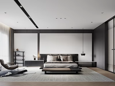 Modern Minimalist Bedroom Interior With King Size Bed Patterned Rug And Pendant Light 3d model