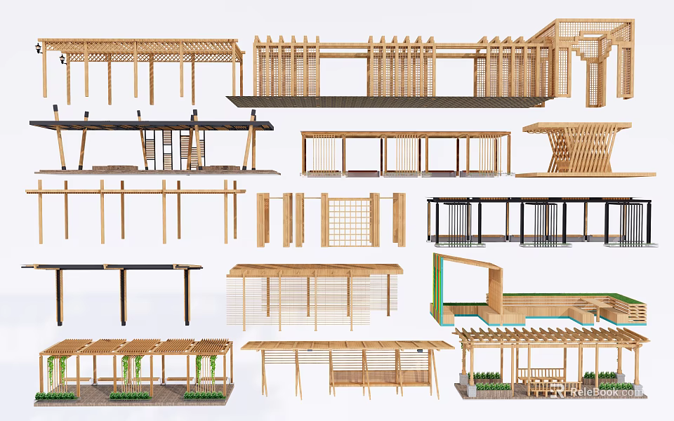 Various Wooden Pergola Designs Featuring Different Structures And Decorative Details 3d model