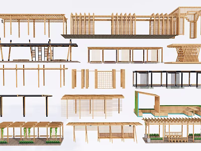 Various Wooden Pergola Designs Featuring Different Structures And Decorative Details 3d model