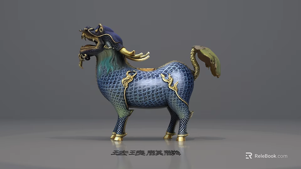 Traditional Mythical Beast Ornament Decoration Set With Blue Green Enamel And Golden Accents 3d model 