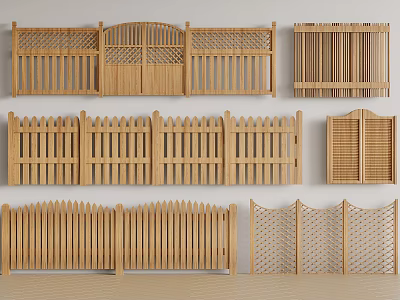 Various Wooden Fence Designs With Picket Tops Lattice Panels And Arched Gates 3d model