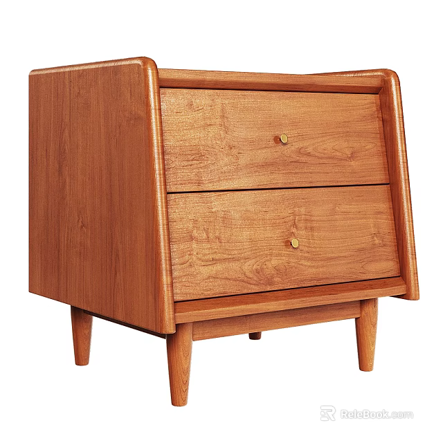 Mid Century Modern Wooden Bedside Table With Two Drawers And Brass Handles 3d model 