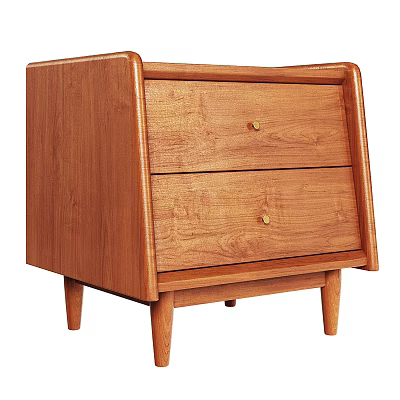 Mid Century Modern Wooden Bedside Table With Two Drawers And Brass Handles 3d model