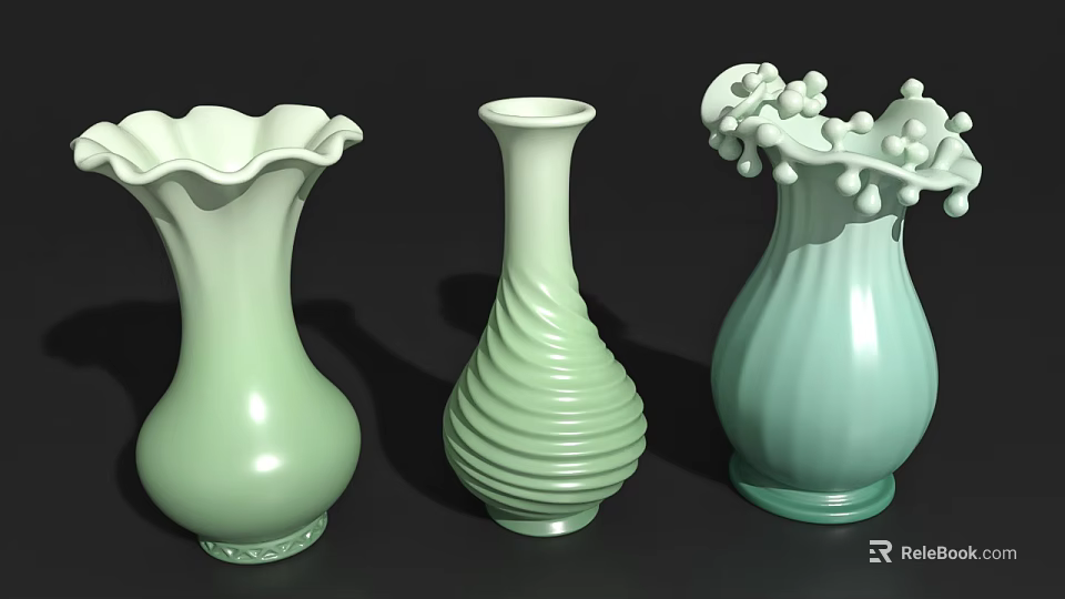Light Green Ceramic Vases With Fluted Edges Spiral Patterns And Decorative Top Design 3d model 