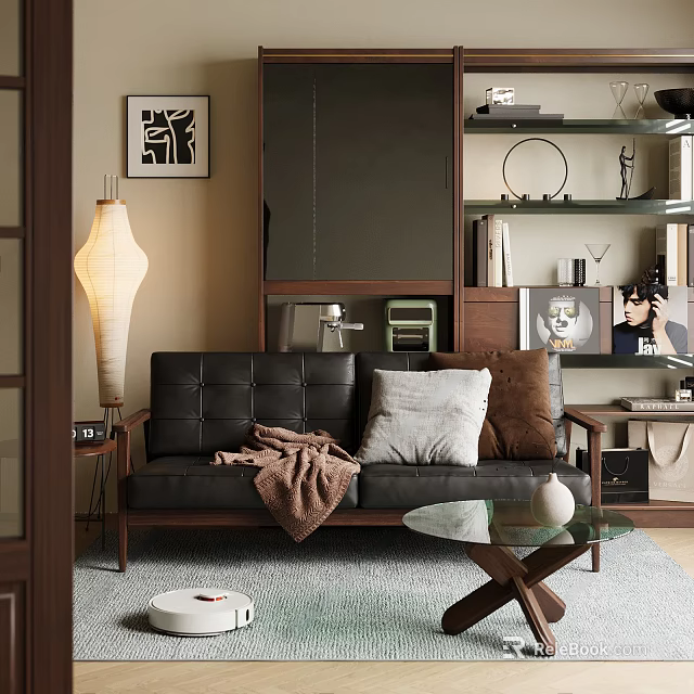 Mid Century Modern Leather Sofa And Glass Coffee Table Set For Cozy Home Living Room 3d model 