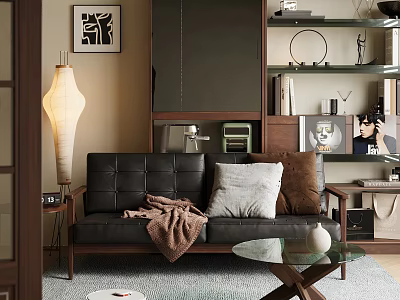 Mid Century Modern Leather Sofa And Glass Coffee Table Set For Cozy Home Living Room 3d model