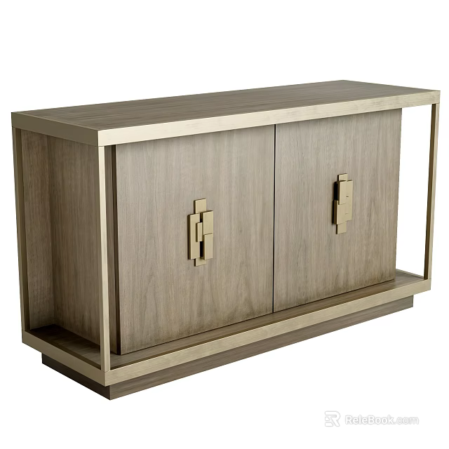Modern Entryway Console Table with Wooden Surface and Gold Metal Frame Geometric Handles Double Doors 3d model 