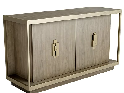 Modern Entryway Console Table with Wooden Surface and Gold Metal Frame Geometric Handles Double Doors 3d model