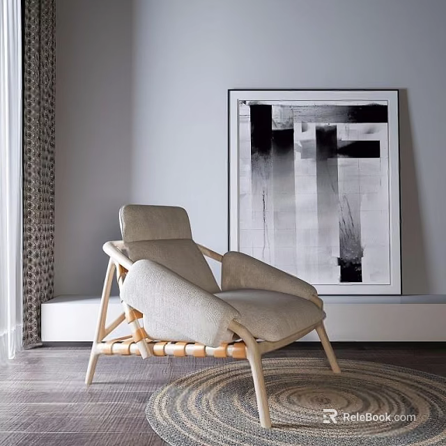Light Gray Modern Wood Frame Single Sofa Near Window With Abstract Black White Painting 3d model 