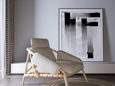 Light Gray Modern Wood Frame Single Sofa Near Window With Abstract Black White Painting 3d model