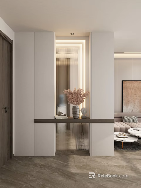 Modern Foyer Hallway Design With Vase Dried Flowers And Lighting 3d model 