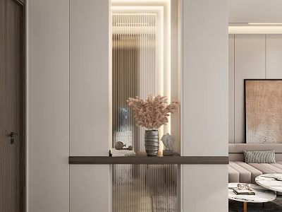 Modern Foyer Hallway Design With Vase Dried Flowers And Lighting 3d model