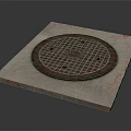 Circular Metal Manhole Cover On Square Concrete Platform With Grid Pattern 3d model