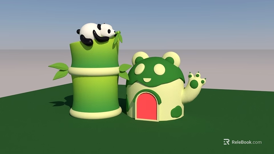 Playful Panda Resting On Green Bamboo Near Panda Shaped House With Red Door 3d model 