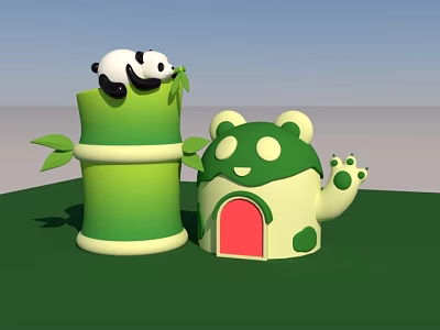 Playful Panda Resting On Green Bamboo Near Panda Shaped House With Red Door 3d model