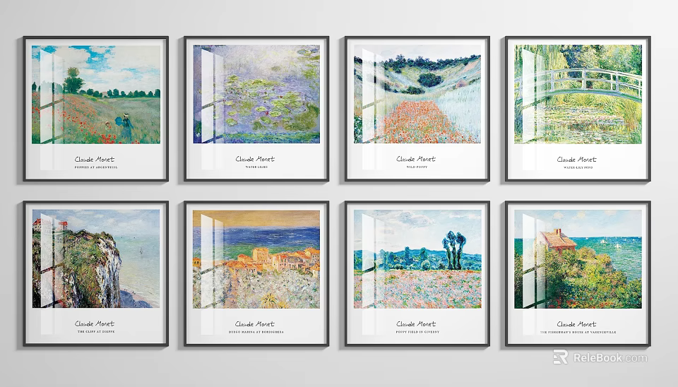 Claude Monet Framed Oil Paintings With Landscape Scenes Displayed In Wall Arrangement 3d model 