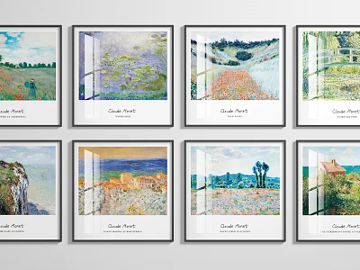 Claude Monet Framed Oil Paintings With Landscape Scenes Displayed In Wall Arrangement 3d model