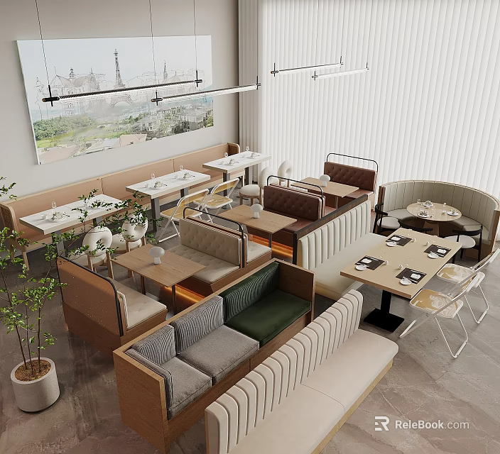Modern Restaurant Interior With Wooden Table Chair Sets Booth Seating And Potted Plants 3d model 