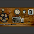 Vintage Wooden Panel Mechanical Device With Gauges Knobs Reel And Metal Components
