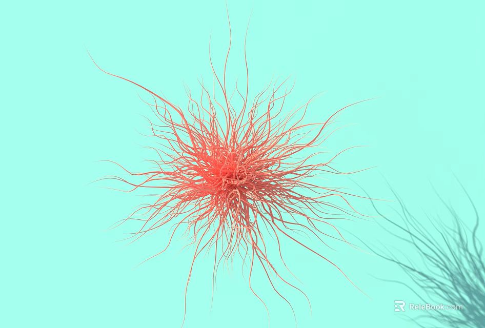 3D Rendered Red Neuron With Branching Projections On Light Blue Background 3d model 