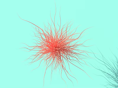 3D Rendered Red Neuron With Branching Projections On Light Blue Background 3d model