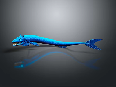 Blue Aquatic Animal Model with Open Mouth Slender Body Tail Fins on Gray Background Reflection 3d model
