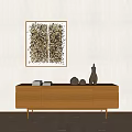 Modern Wooden TV Stand With Drawers And Decorative Sculptures Near Wall Art Painting