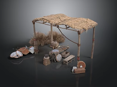 Rustic Thatched Roof Shelter Scene With Wooden Table Plates Stools And Hay Stacks 3d model