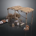 Rustic Thatched Roof Shelter Scene With Wooden Table Plates Stools And Hay Stacks
