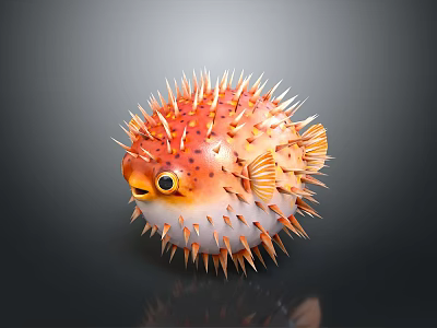 Inflated pufferfish displaying orange white coloration with sharp spines and large eyes 3d model