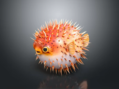 Inflated pufferfish displaying orange white coloration with sharp spines and large eyes 3d model
