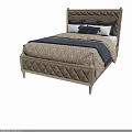Double Bed With Diamond Tufted Upholstered Headboard Beige Frame Blue Blanket Tassel Trim Decorative Pillows