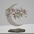 Hanging Floral Display with Crescent Moon Pink White Flowers and Green Leaves on Stone Base