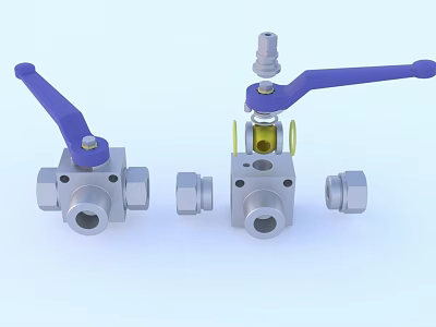 Durable Industrial Metal Pipe Ball Valves With Blue Handles And Fittings 3d model