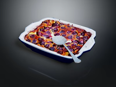 Baked Fruit Dessert With Purple Berries In Blue And White Casserole Dish With Metal Spoon 3d model