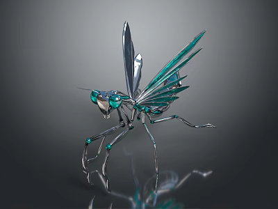 Shiny Metal Mantis Sculpture Artwork With Blue Wings And Silver Body Design 3d model