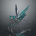 Shiny Metal Mantis Sculpture Artwork With Blue Wings And Silver Body Design