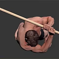 Shirtless Man In Black Shorts Holding Stick Performing Exercise On Dark Background With Reflective Floor