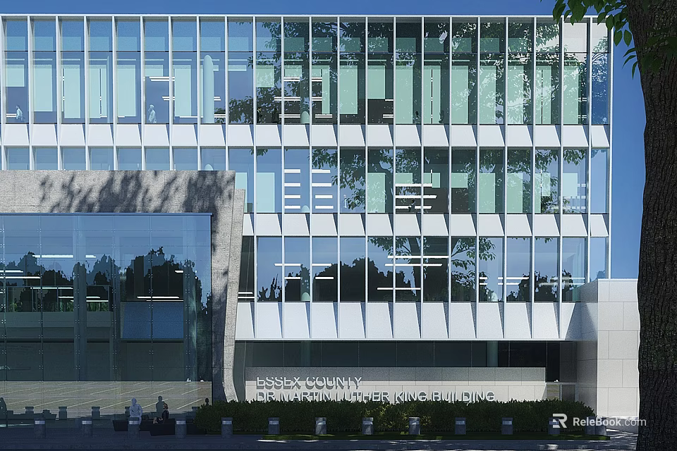 Modern Office Building Exterior With Glass Curtain Wall And Greenery Around Entrance 3d model 