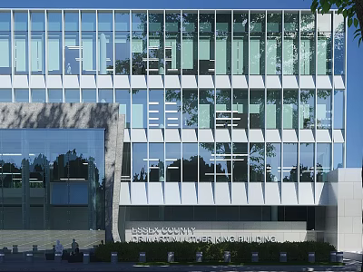 Modern Office Building Exterior With Glass Curtain Wall And Greenery Around Entrance 3d model