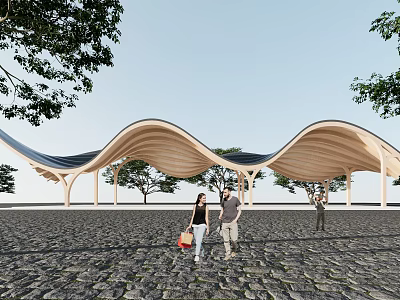 Garden Landscape With Curved Wooden Canopy Trees Stone Pavement And People Walking 3d model