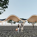Garden Landscape With Curved Wooden Canopy Trees Stone Pavement And People Walking