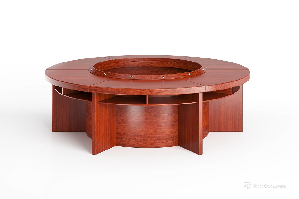 Round Wooden Conference Table With Lower Storage Compartments And Smooth Surface 3d model 