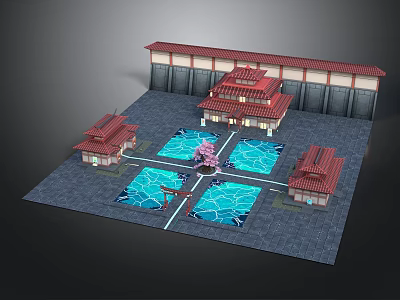 Traditional Chinese Courtyard Design With Red Roofed Buildings Blue Ponds And Pink Cherry Blossom 3d model