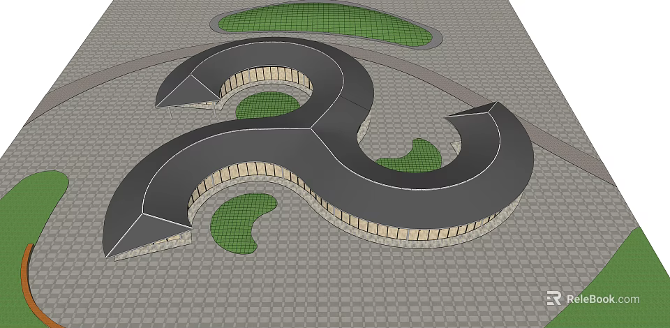 Unique Spiral Architectural Structure With Curved Roof And Green Landscaped Areas 3d model 