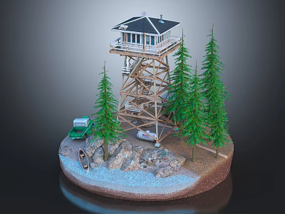 Cartoon Scene of Wooden Watchtower with Green Trees and Truck on Rocky Base 3d model