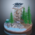 Cartoon Scene of Wooden Watchtower with Green Trees and Truck on Rocky Base