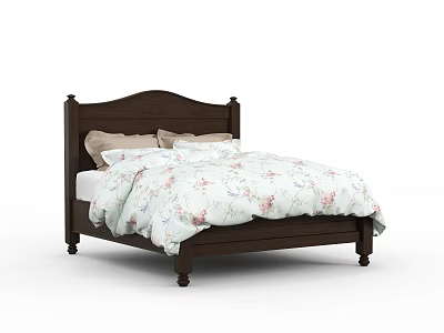 Classic Dark Brown Wooden Double Bed With Light Beige Pillows And Floral Pattern Quilt 3d model